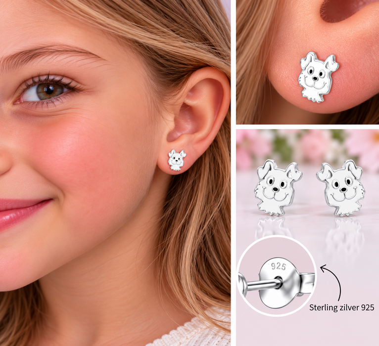 Joy|S - Zilveren hond oorbellen - 8 x 9 mm - wit - kinderoorbellen