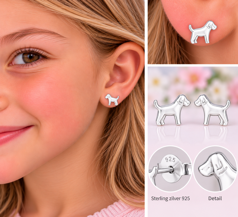 Joy|S - Zilveren hond oorbellen - 11 x 9 mm - zilver egaal - kinderoorbellen