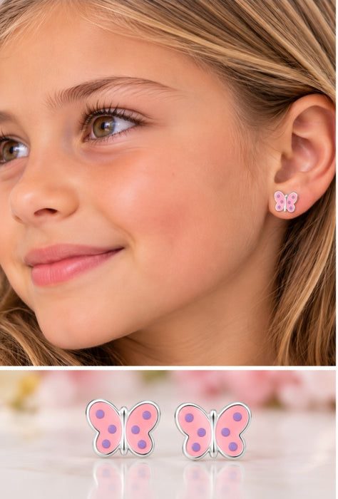 Joy|S - Zilveren vlinder oorbellen - roze met paars stipjes -  sterling zilver 925 - vlinder kinderoorbellen