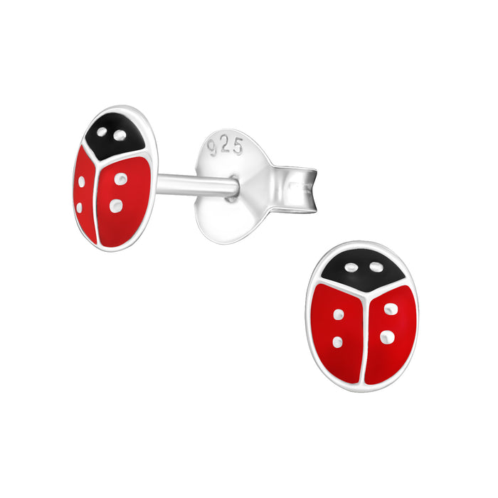 Joy|S - Zilveren lieveheersbeestje oorbellen - 4 x 5 mm - rood