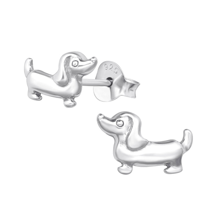 Joy|S - Zilveren hond oorbellen - 10 x 6 mm - teckel oorknoppen - egaal zilver