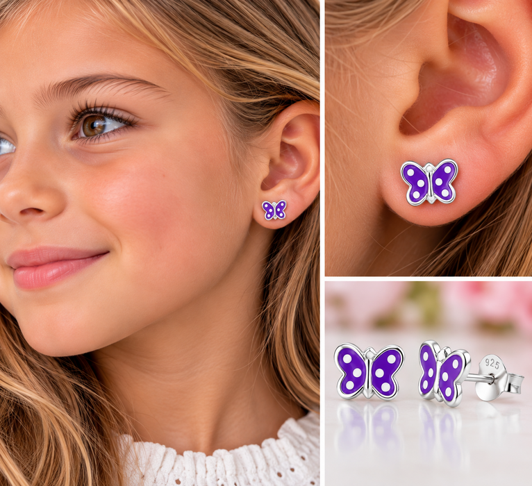 Joy|S - Zilveren vlinder oorbellen - paars met witte stipjes - 8 x 5 mm - sterling zilver 925 - vlinder kinderoorbellen