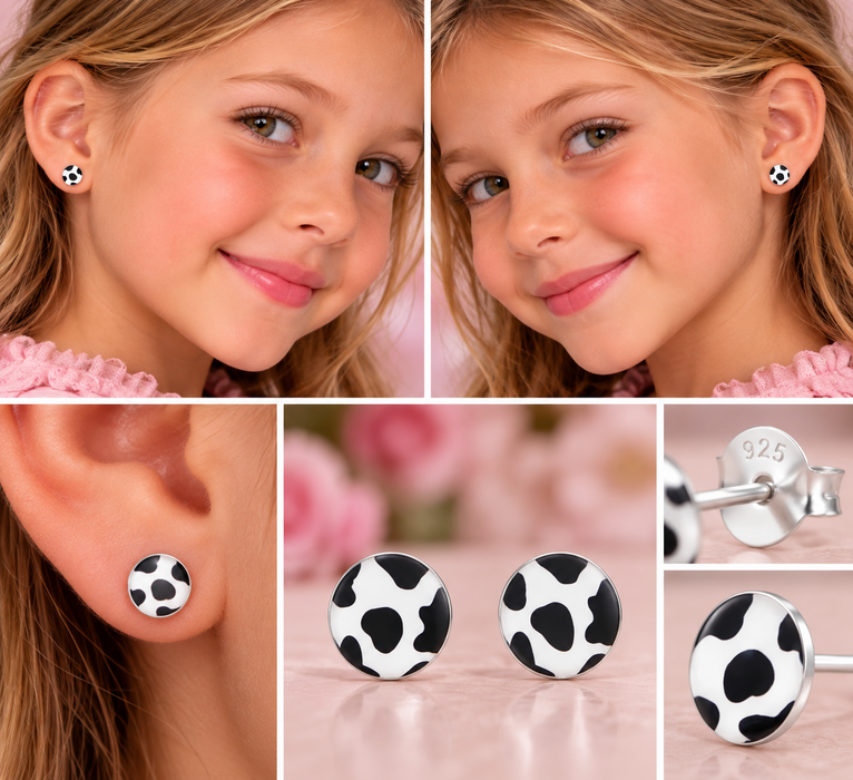 Joy|S - Zilveren rond oorbellen - koe print - 7 mm - zwart wit - sterling zilver 925 - kinderoorbellen