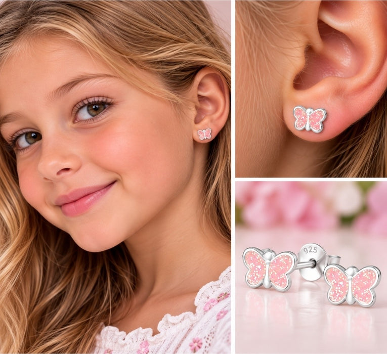 Joy|S - Zilveren vlinder oorbellen - roze met glitter -  sterling zilver 925 - vlinder kinderoorbellen