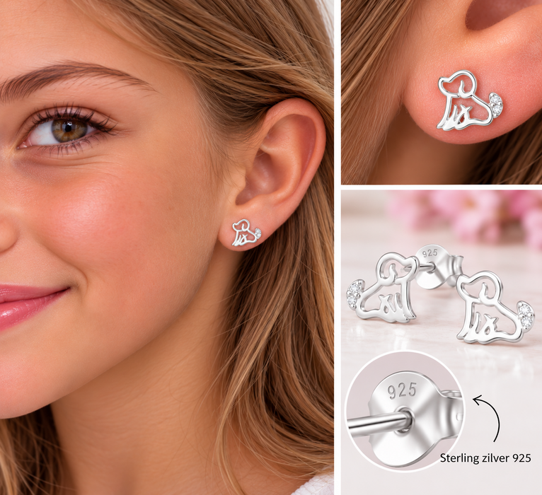 Joy|S - Zilveren hond oorbellen - 9 x 8 mm - zirkonia - sterling zilver 925 - hondje oorknoppen
