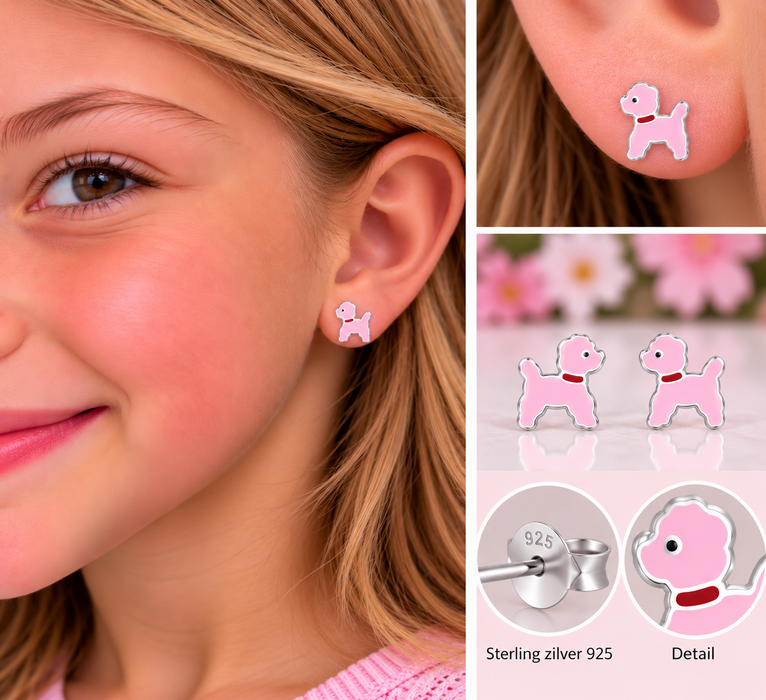 Joy|S - Zilveren hond oorbellen - 9 mm - roze - oorknoppen voor kinderen - sterling zilver 925 - roze hondje