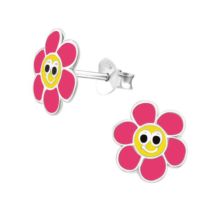 Joy|S - Zilveren vrolijke bloem oorbellen - 10 mm - roze geel met een gezichtje - kinderoorbellen