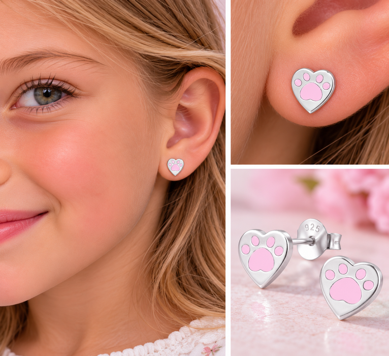 Joy|S - Zilveren hartje oorbellen - kat hond dierenpoot - 8 x 7 mm - poot roze