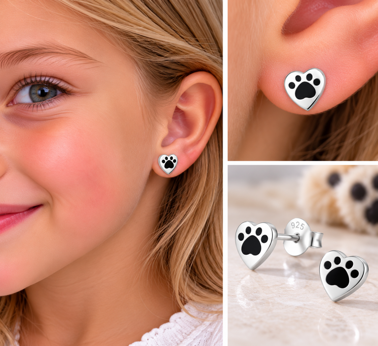 Joy|S - Zilveren hartje oorbellen met kat hond dierenpoot - 8 x 7 mm - poot zwart