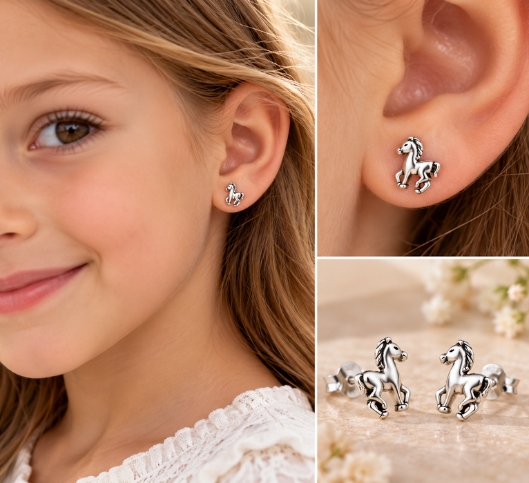 Joy|S - Zilveren paard - pony oorbellen - massief - 8 x 9 mm - geoxideerd