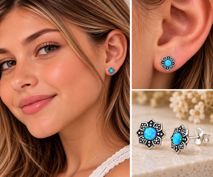 Joy|S - Zilveren bloem oorbellen - 7 mm - azure blauw - massief - Bali oorknoppen - sterling zilver 925 - geoxideerd