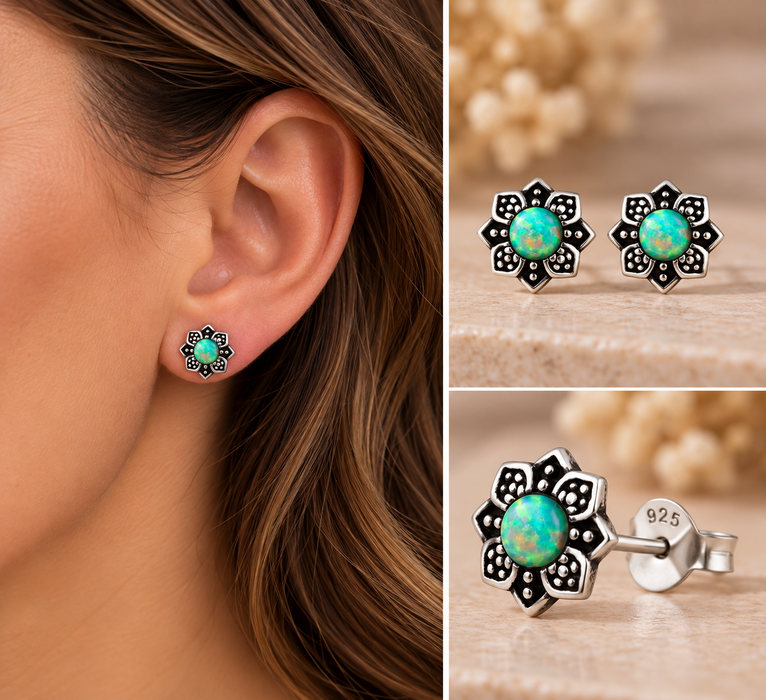 Joy|S - Zilveren bloem oorbellen - 7 mm - groen geel moon yellow - massief - Bali oorknoppen