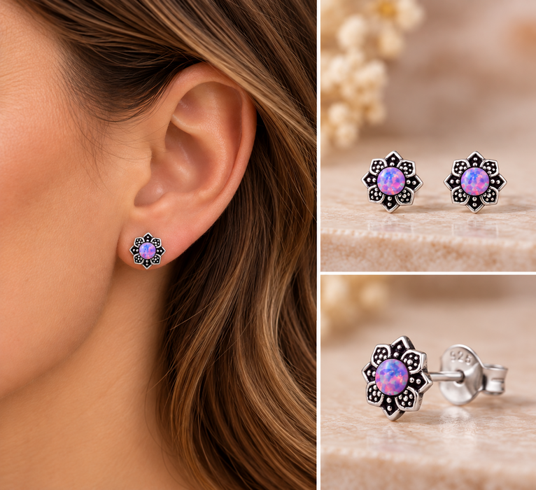 Joy|S - Zilveren bloem oorbellen - 7 mm - paars roze lavender - massief - Bali oorknoppen