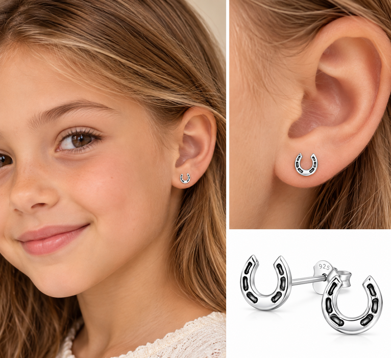 Joy|S - Zilveren hoefijzer oorbellen - 7 mm - geoxideerd - kinderoorbellen