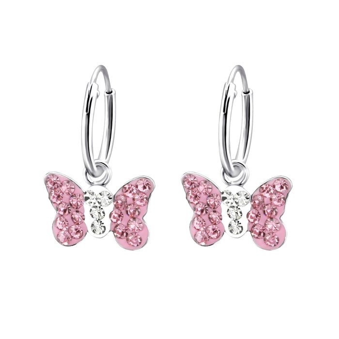 Joy|S - Zilveren vlinder bedel oorbellen - kristal roze vlinder 11 x 8 mm bedel - oorringen 12 mm