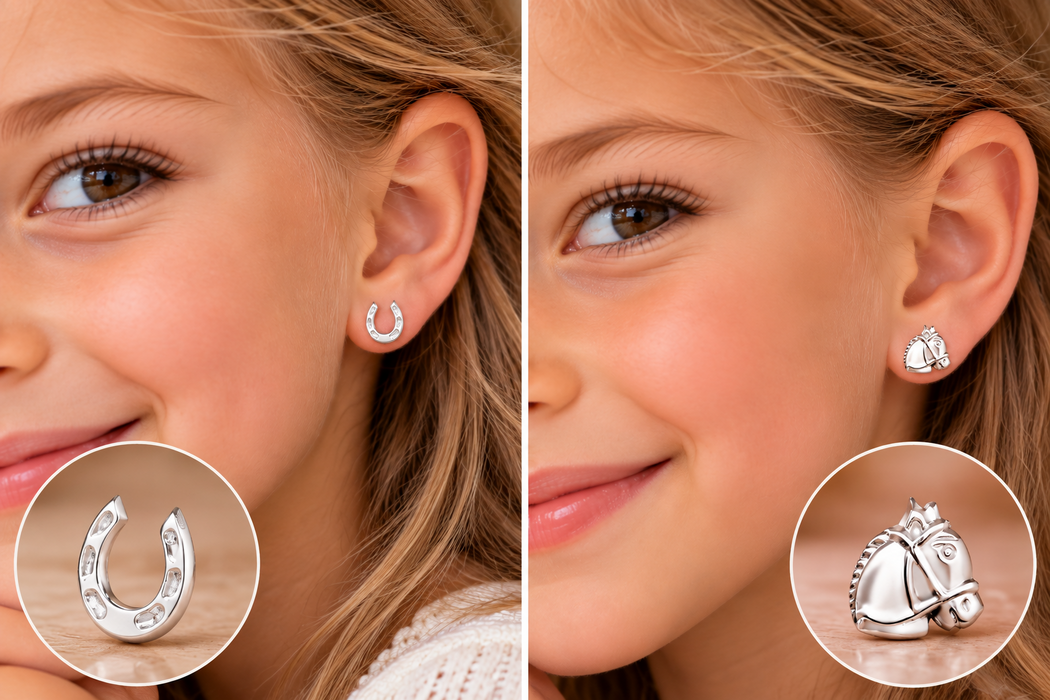 Joy|S - Zilveren paard en hoefijzer oorbellen 8 mm