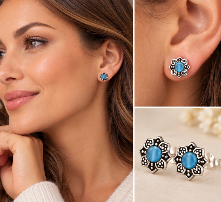 Joy|S - Zilveren bloem oorbellen - 7 mm - blauw chalcedony - massief - Bali oorknoppen - geoxideerd - sterling zilver 925