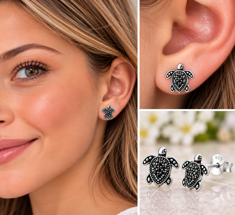 Joy|S - Zilveren schildpad oorbellen - 10 mm - zirkonia zwart - geoxideerd