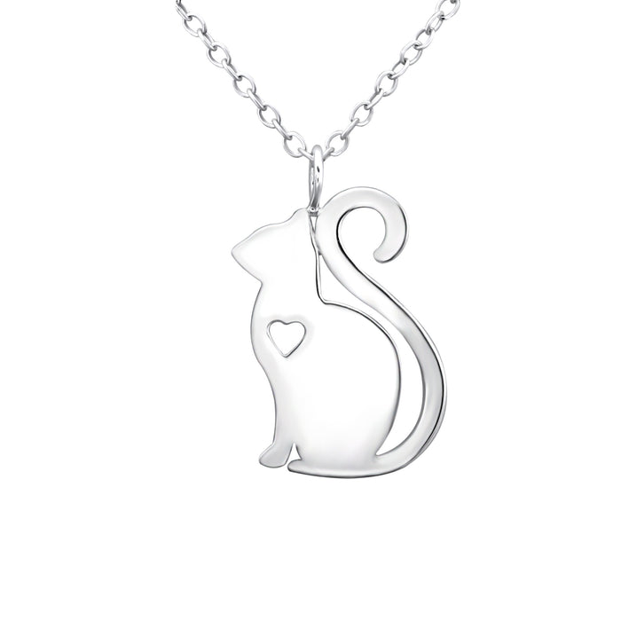 Joy|S - Zilveren kat poes hanger - met hartje - inclusief ketting 45 cm - egaal zilver