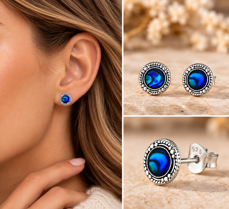 Joy|S - Zilveren Bali oorbellen - 8 mm - oorknoppen - abalone donker blauw (schelp) - geoxideerd