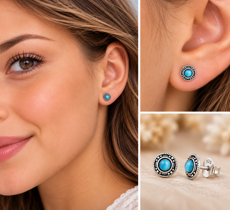 Joy|S - Zilveren Bali oorbellen - 7 mm - cat eye blauw - geoxideerd - oorknoppen