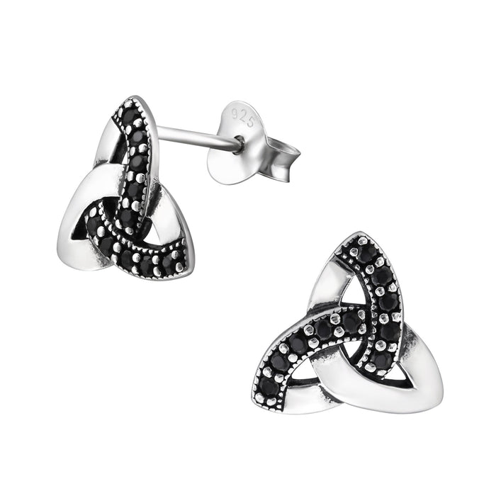 Joy|S - Zilveren Keltische oorbellen - 11 mm - zilver met zwarte zirkonia - triquetra