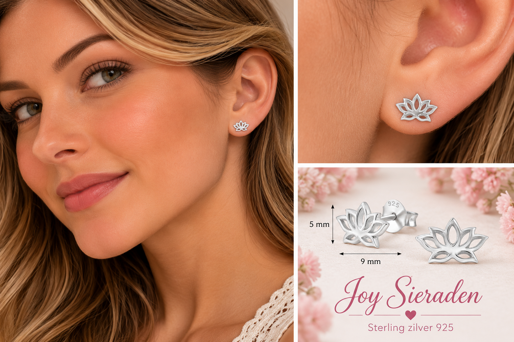 Joy|S - Zilveren lotus bloem oorbellen - 9 x 5 mm - sterling zilver 925 - oorknoppen - dames