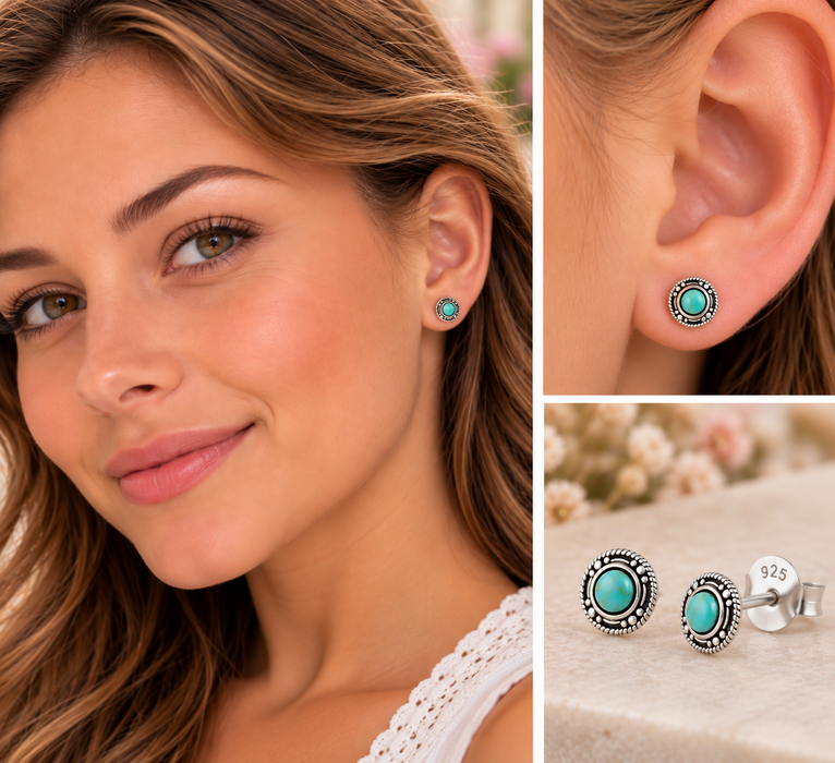 Joy|S - Zilveren Bali classic rond oorbellen 7 mm turquoise