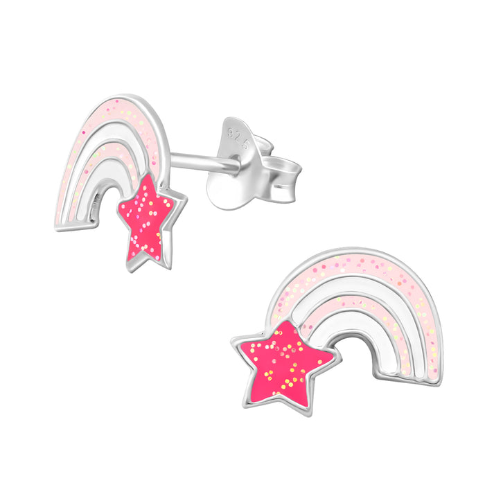 Joy|S - Zilveren regenboog oorbellen - roze wit glitter - vallende ster - 11 x 9 mm