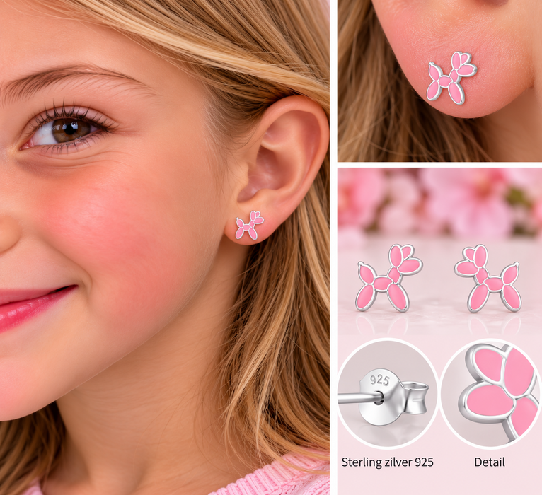 Joy|S - Zilveren ballonhond oorbellen 8 x 9 mm roze hond