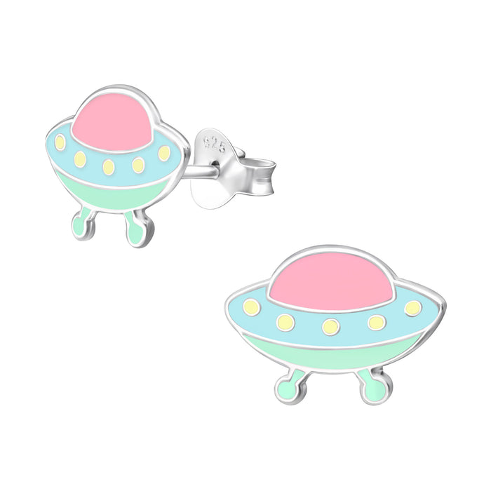 Joy|S - Zilveren ufo oorbellen - pastel kleurtjes - 13 x 8 mm - kinderoorbellen