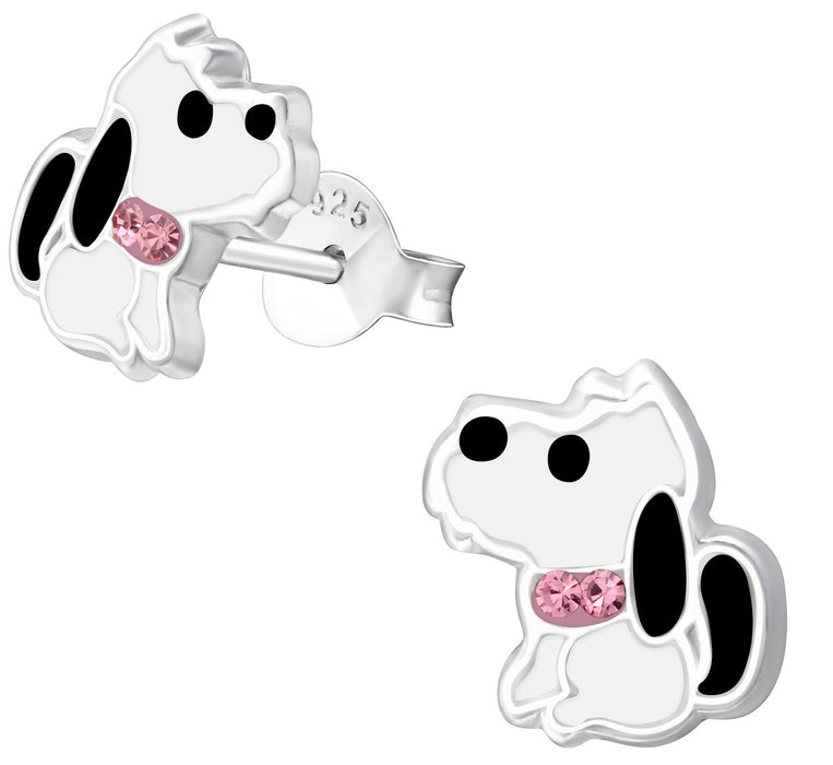 Joy|S - Zilveren hond oorbellen - 9 mm - wit met roze kristal