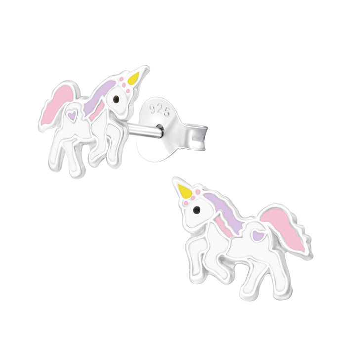 Joy|S - Zilveren eenhoorn oorbellen - 10 x 7 mm - pastel met geel - unicorn