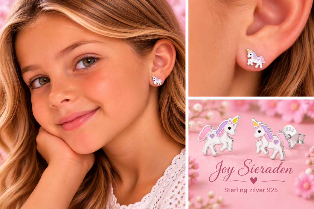 Joy|S - Zilveren eenhoorn oorbellen - 10 x 7 mm - pastel met geel - unicorn oorknoppen - sterling zilver 925