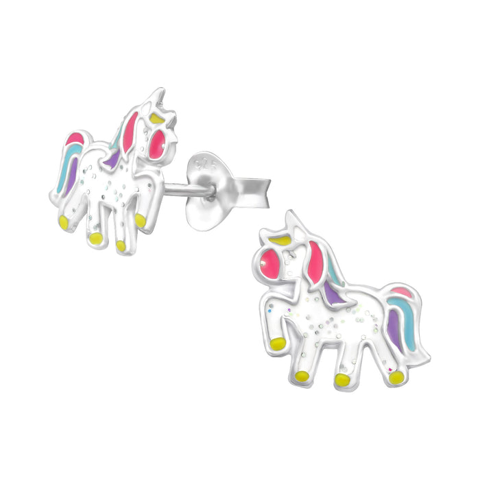 Joy|S - Zilveren eenhoorn pony met glittertjes oorbellen - 10 mm - unicorn