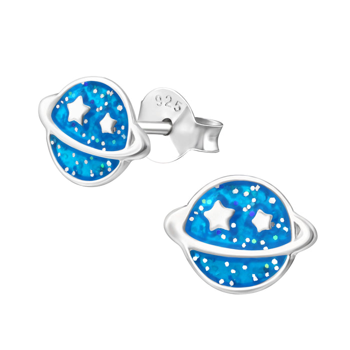Joy|S - Zilveren planeet oorbellen - glitter blauw - 8 x 6 mm