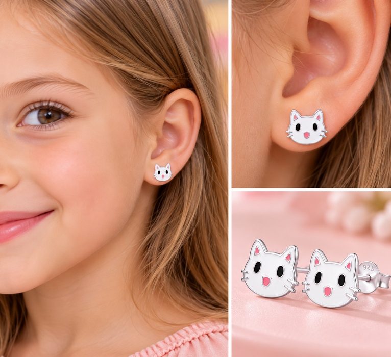 Joy|S - Zilveren kat poes oorbellen - 10 x 8 mm - wit met roze neusje en oortjes