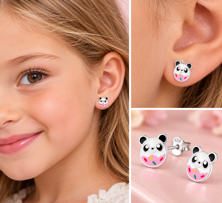 Joy|S - Zilveren panda donut oorbellen - 8 x 9 mm - kinderoorbellen