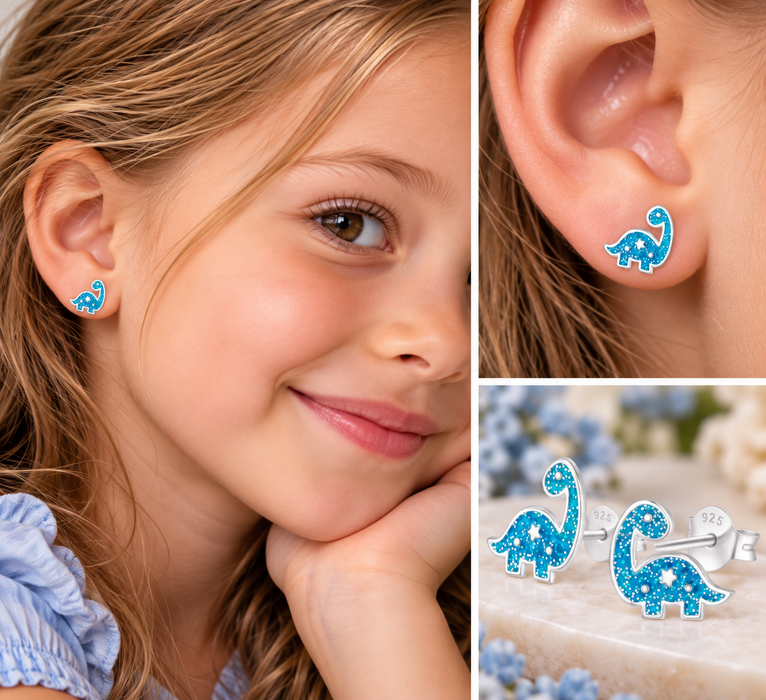 Joy|S - Zilveren glitter dinosaurus oorbellen 12 x 10 mm dino blauw