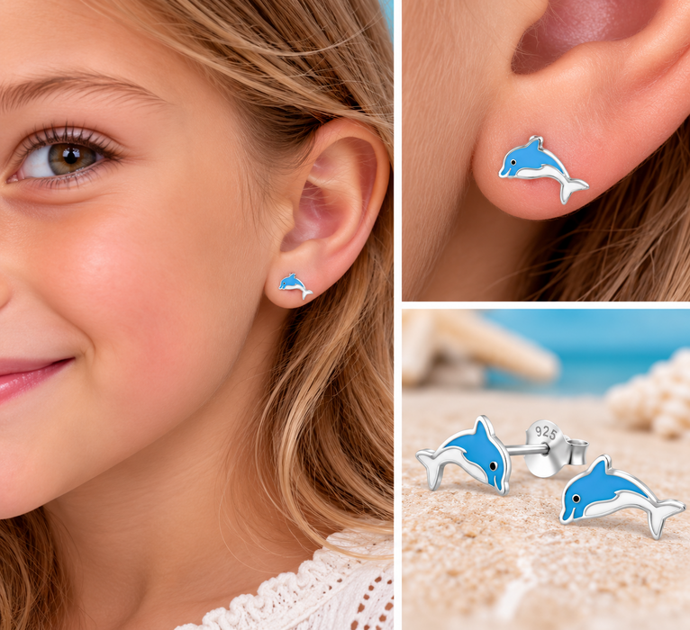 Joy|S - Zilveren dolfijn oorbellen - 10 x 6 mm - wit blauw - sterling zilver 925 - kinderoorbellen