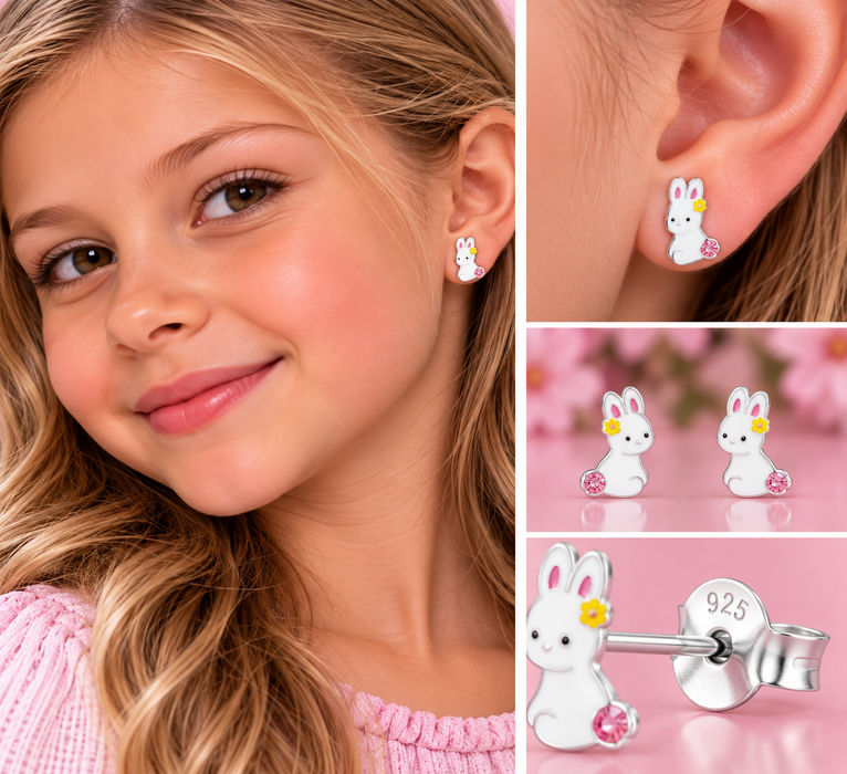 Joy|S - Zilveren konijn oorbellen - roze staart  - sterling zilver 925 - kinderoorbellen
