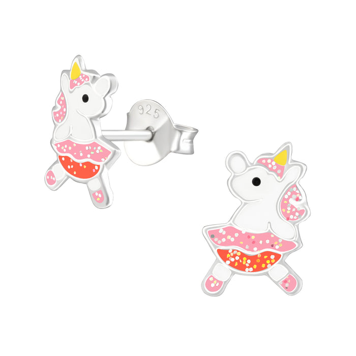 Joy|S - Zilveren dansende eenhoorn oorbellen - 6 x 9 mm - met glittertjes - unicorn