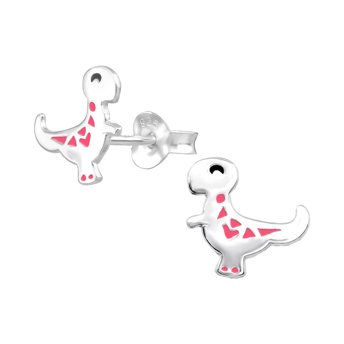 Joy|S - Zilveren dino oorbellen - 10 x 9 mm - zilver met roze dinosaurus - kinderoorbellen