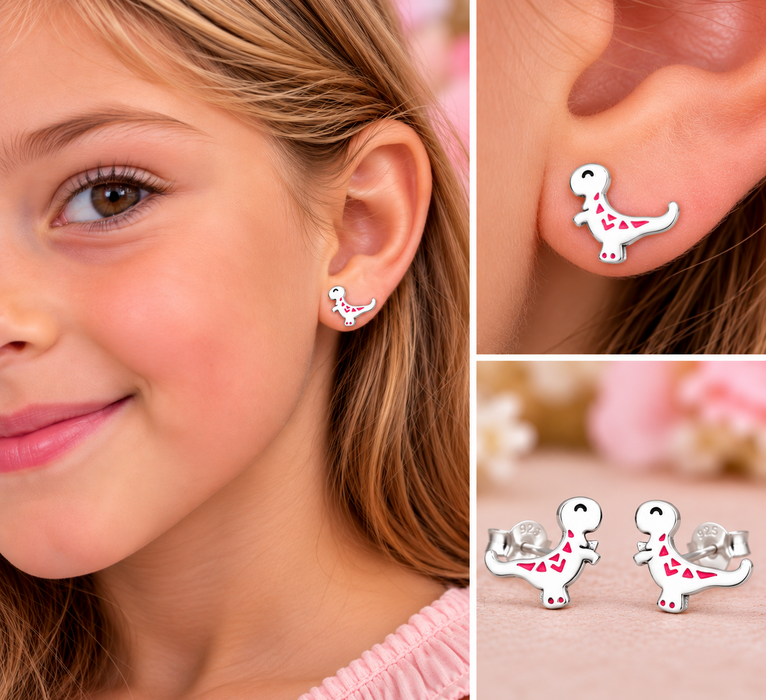 Joy|S - Zilveren dino oorbellen - 10 x 9 mm - zilver met roze dinosaurus - kinderoorbellen