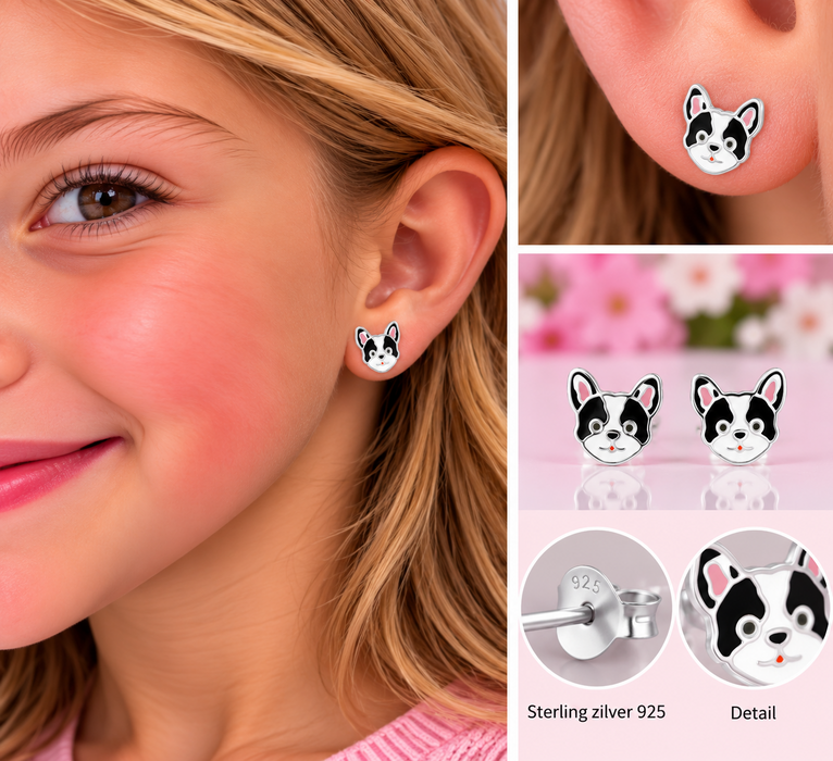 Joy|S - Zilveren hond oorbellen - 9 x 8 mm - zwart wit met roze oortjes - sterling zilver 925 - kinderoorbellen
