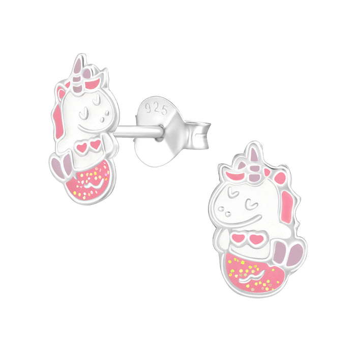 Joy|S - Zilveren zeemeermin oorbellen - mermicorn - wit met glitter roze