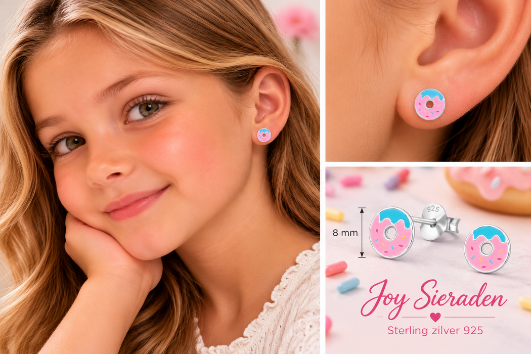 Joy|S - Zilveren donut oorbellen - 8 mm - roze blauw - oorknoppen