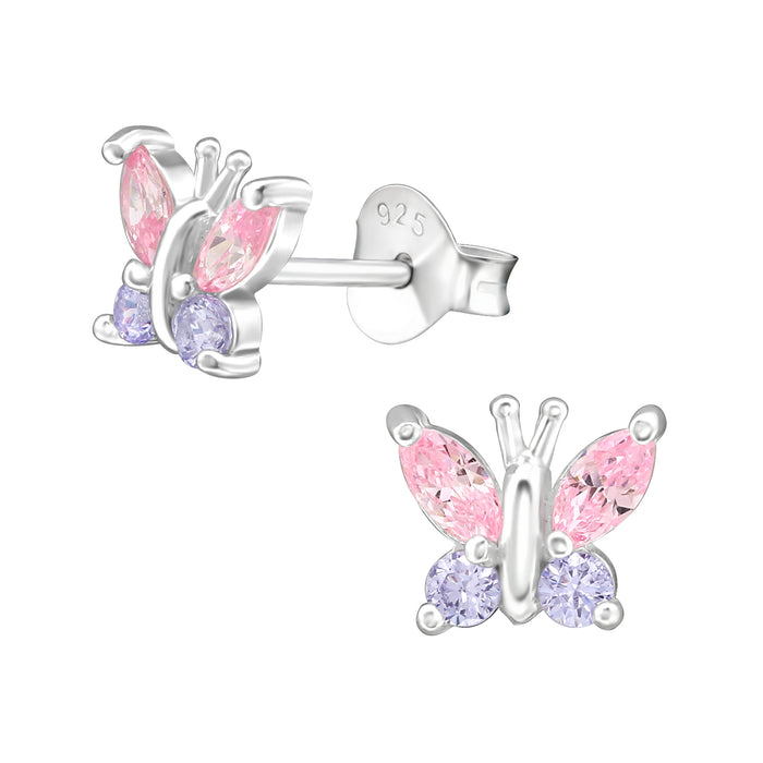 Joy|S - Zilveren vlinder oorbellen - 7 x 6 mm - zirkonia roze lila - oorknoppen