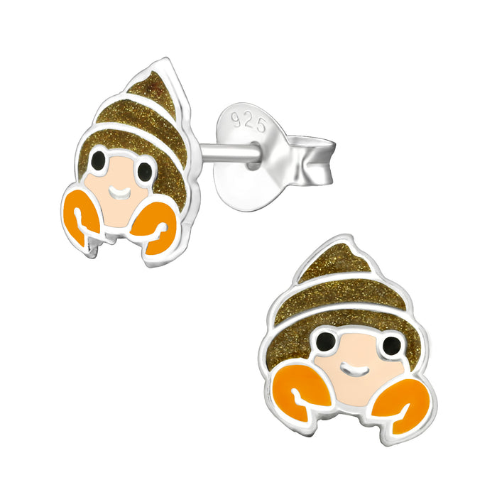 Joy|S - Zilveren hermiet kreeft oorbellen - met schelp en oranje scharen - 7 x 8 mm - kinderoorbellen