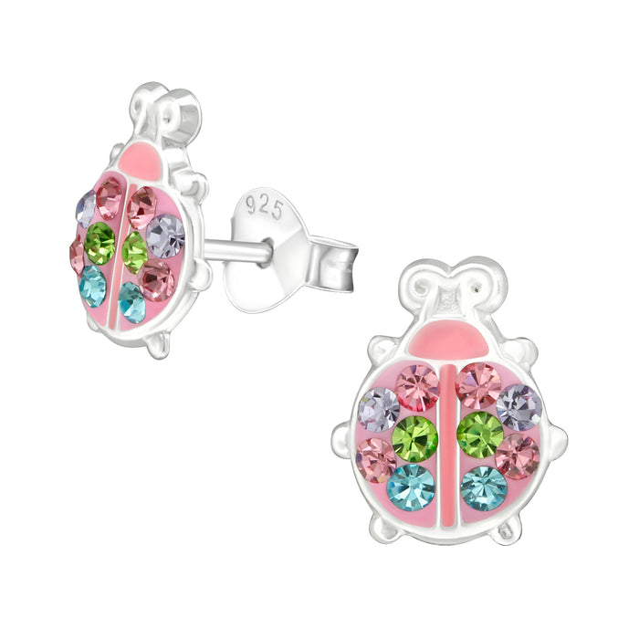 Joy|S - Zilveren lieveheersbeestje oorbellen - 7 x 9 mm - zilver roze met gekleurde kristalletjes - kinderoorbellen